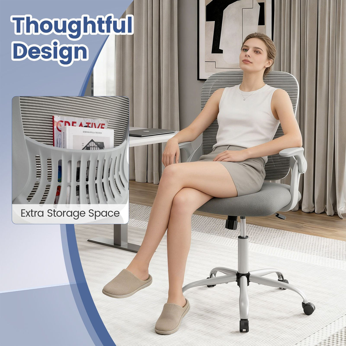 Home Office Chair with Flip Up Armrests and Back Storage Space