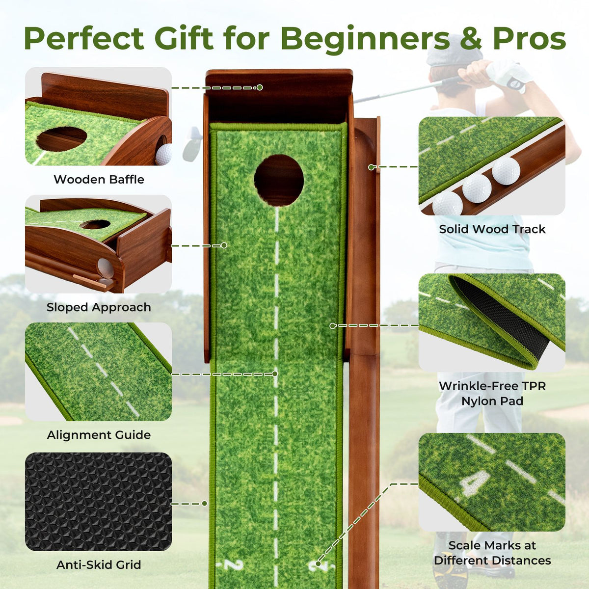 Indoor Outdoor Golf Putting Mat with Auto Ball Return and 3 Balls