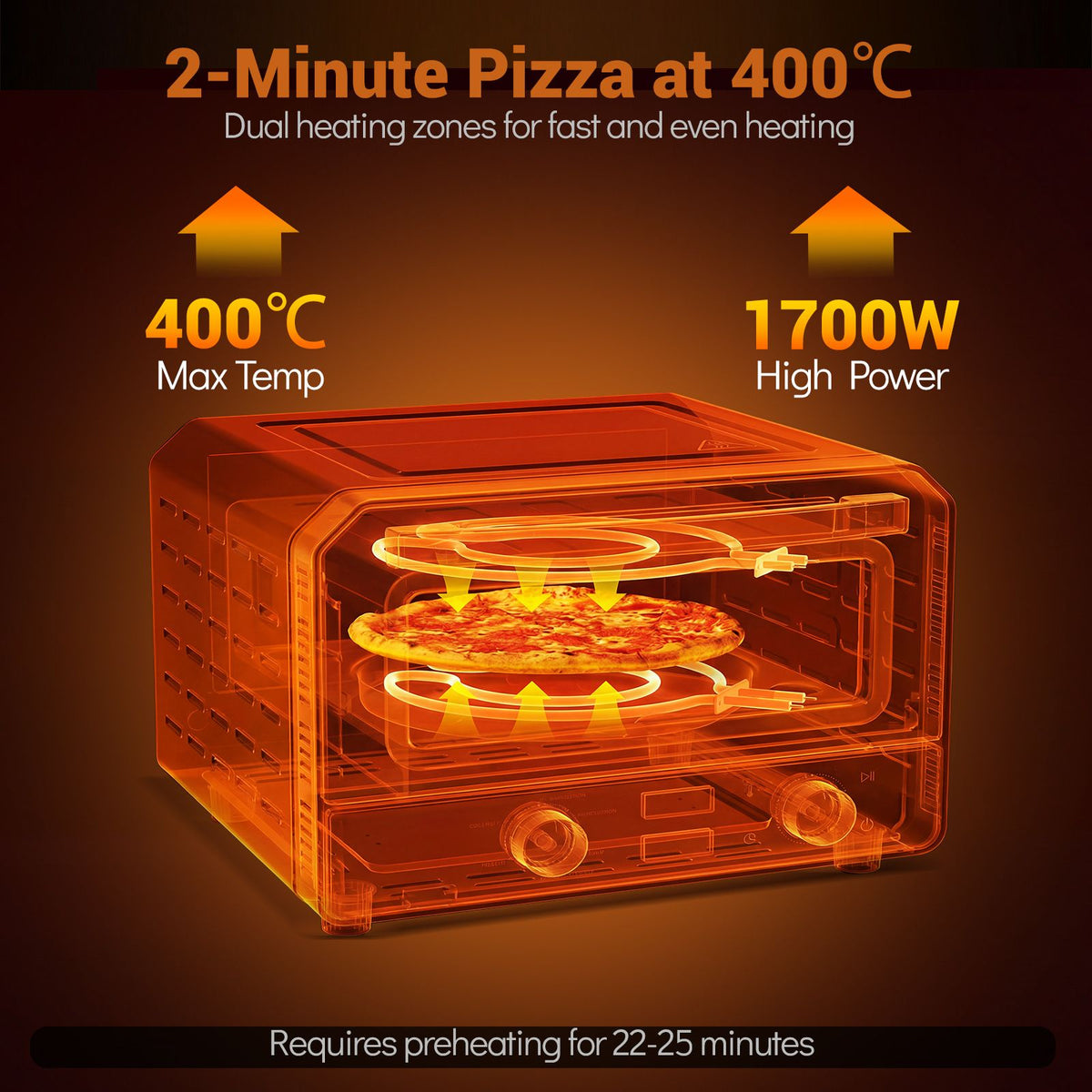Indoor Electric Pizza Oven with 6 Presets and 2-Min Rapid Baking Heats up to 400℃