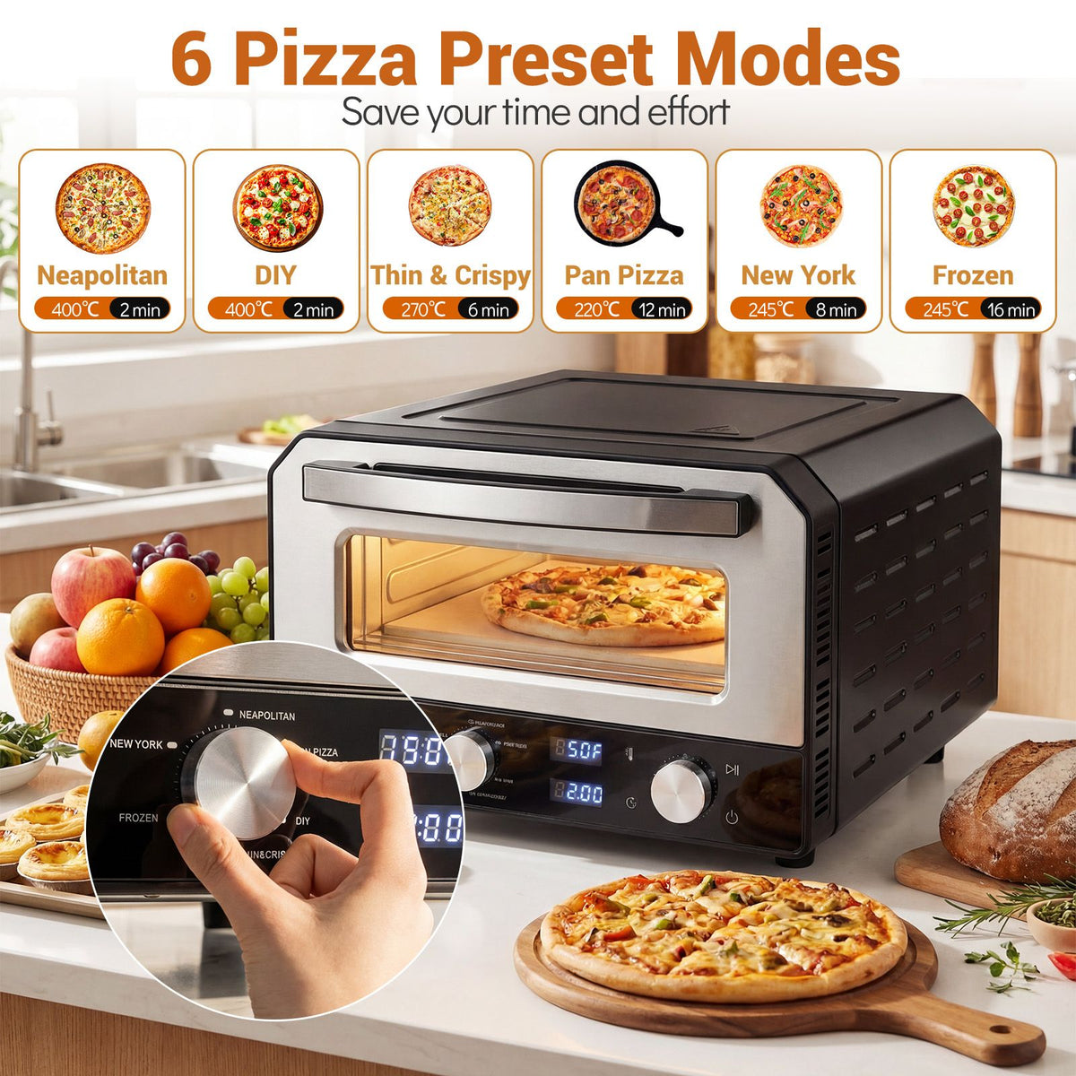 Indoor Electric Pizza Oven with 6 Presets and 2-Min Rapid Baking Heats up to 400℃