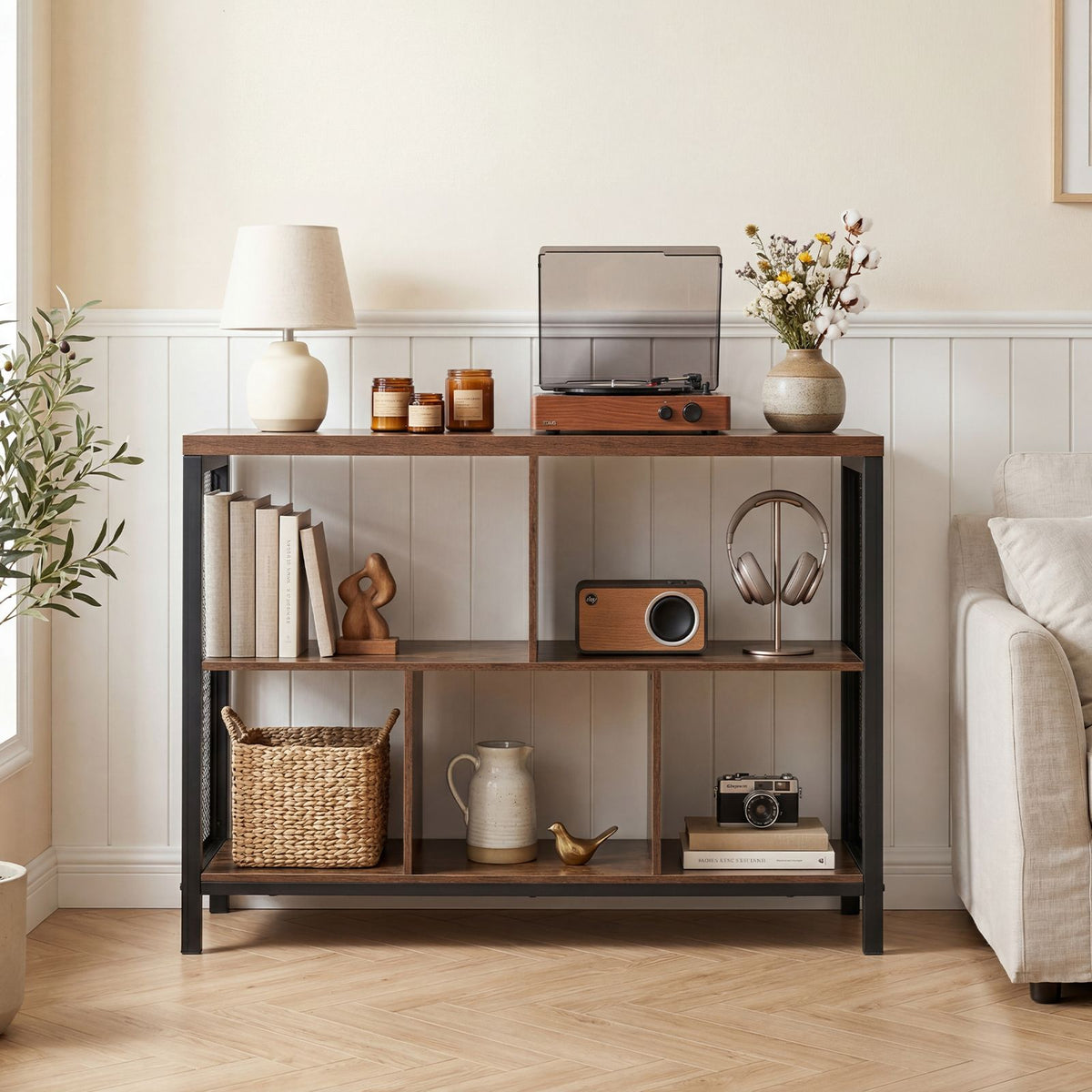 Industrial Storage Organizer with 5 Cubes and Metal Frame for Living Room and Entryway