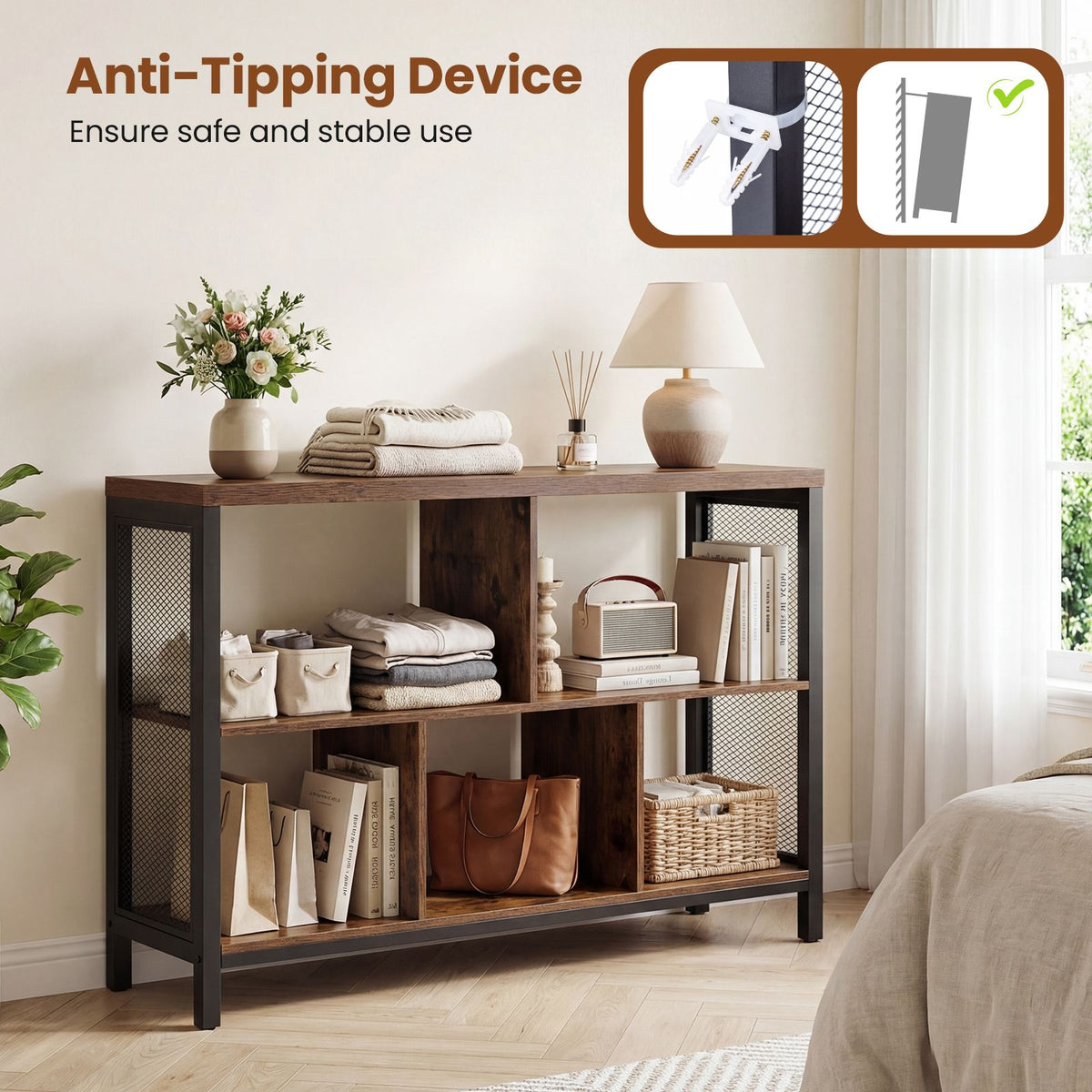 Industrial Storage Organizer with 5 Cubes and Metal Frame for Living Room and Entryway