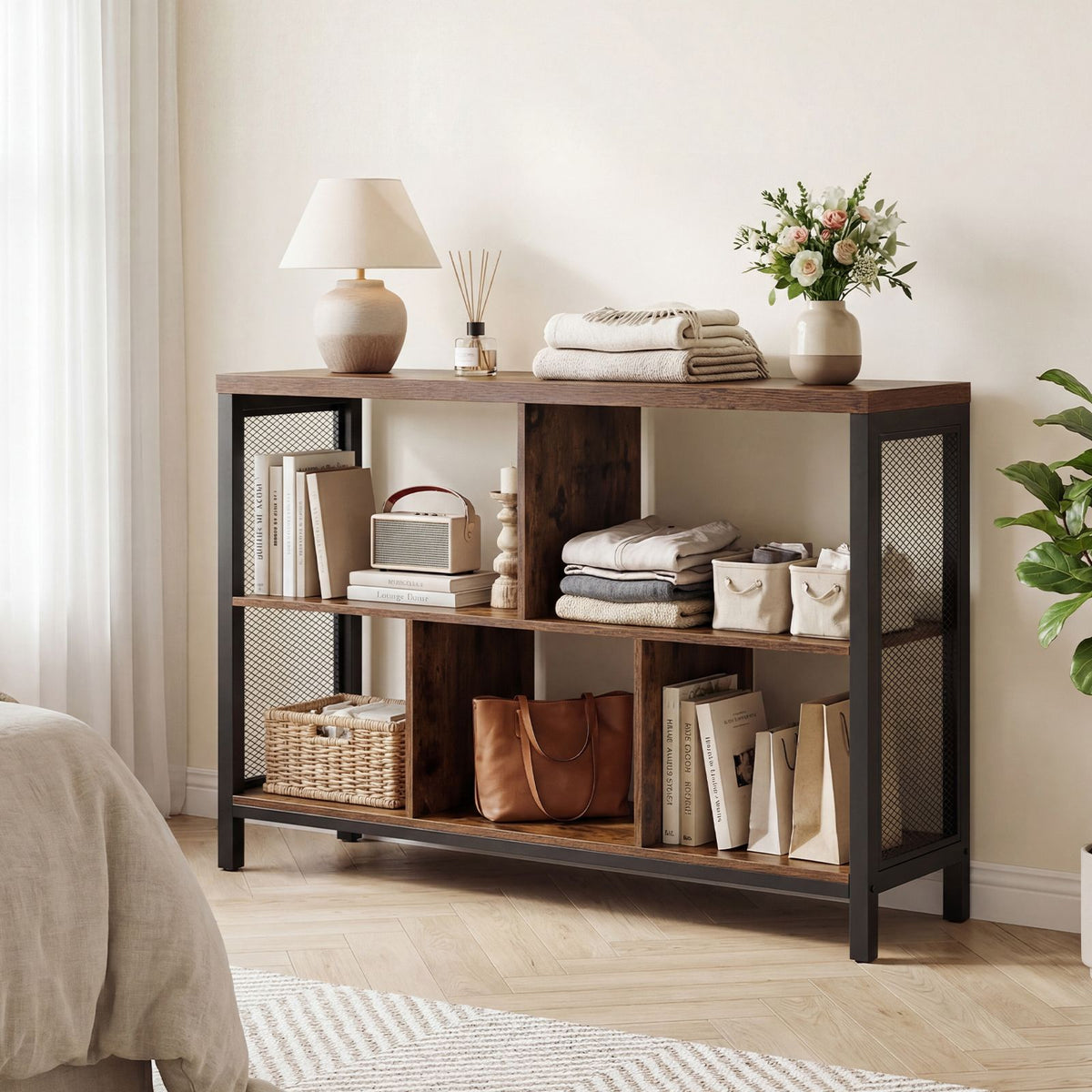 Industrial Storage Organizer with 5 Cubes and Metal Frame for Living Room and Entryway