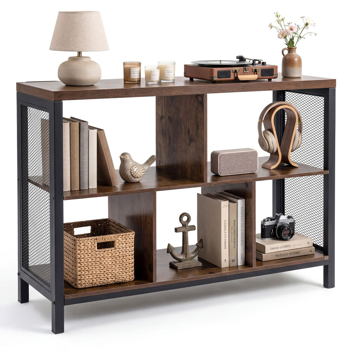 Industrial Storage Organizer with 5 Cubes and Metal Frame for Living Room and Entryway