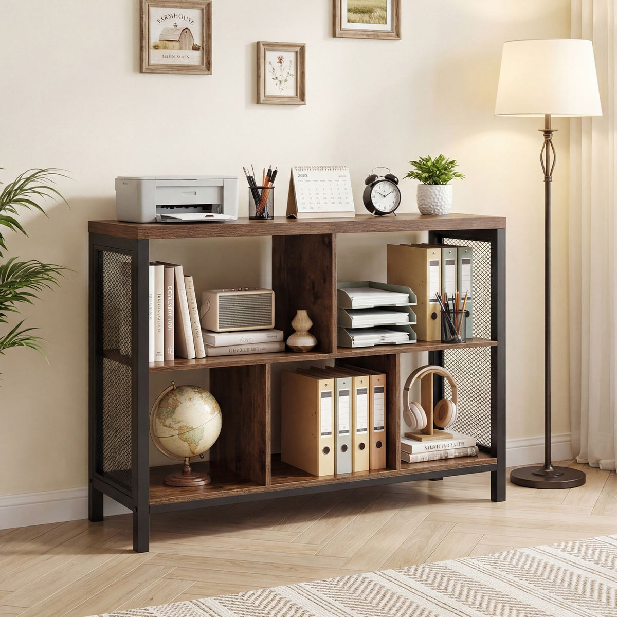 Industrial Storage Organizer with 5 Cubes and Metal Frame for Living Room and Entryway
