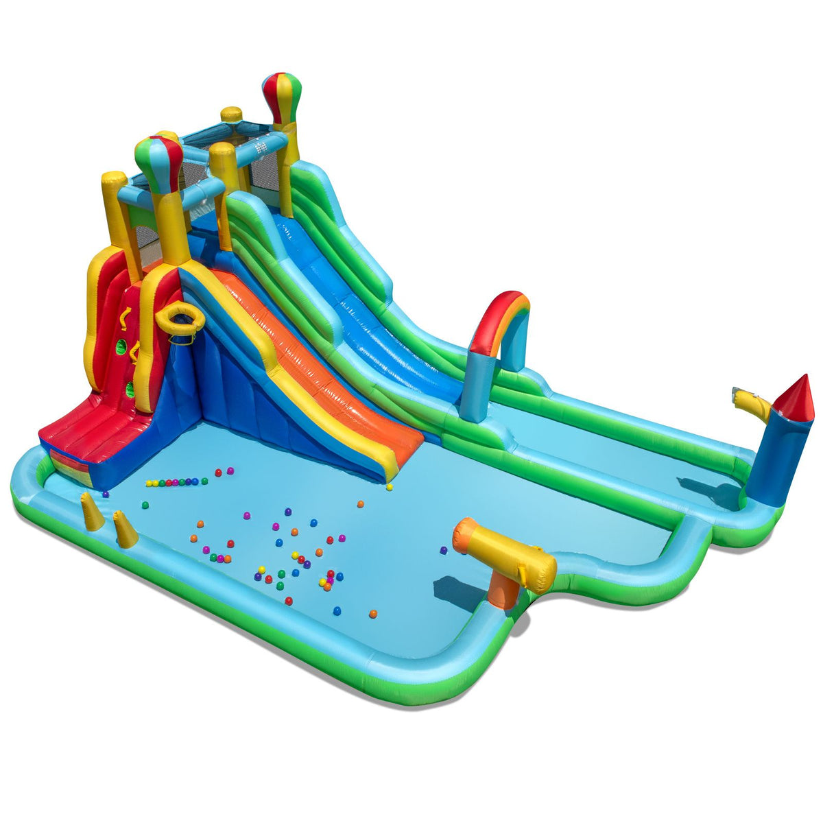 Inflatable Water Park, Dual Water Slides with Climbing Wall, Basketball Rim