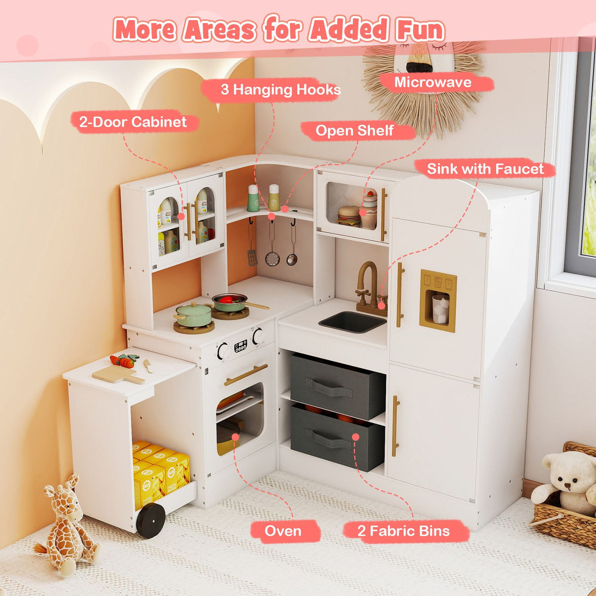 Interactive Wooden Playset with Retractable Countertop for Ages 3+