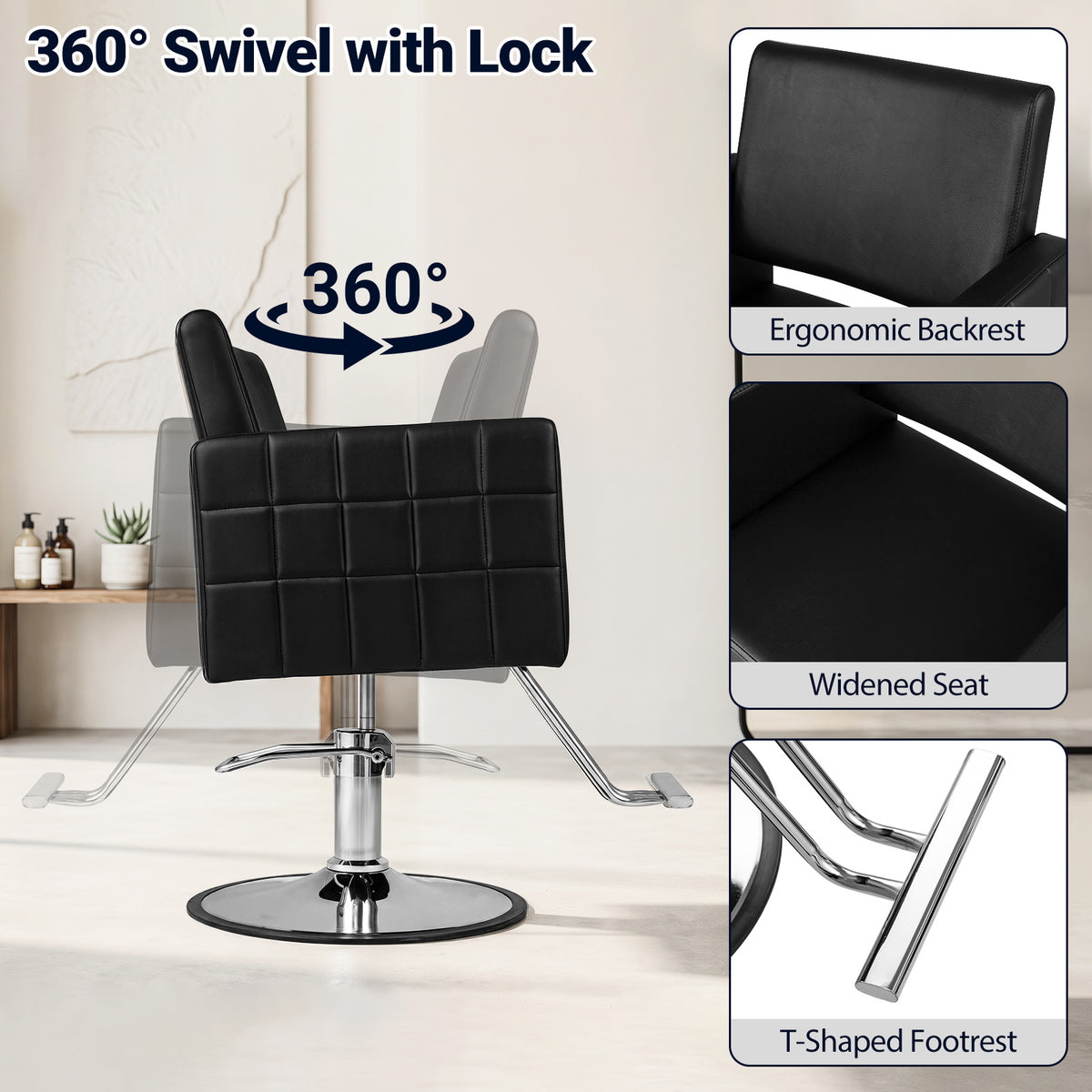 Barber Chair Hydraulic Adjustable Height 360 Swivel with T-Footrest