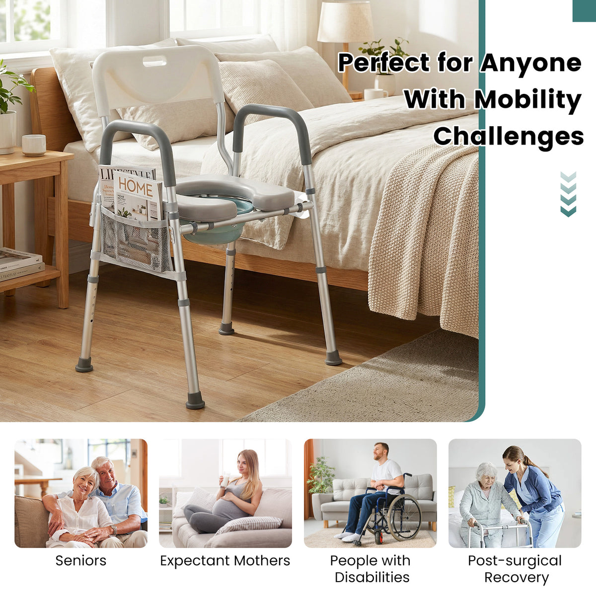 3-in-1 Bedside Commode Chair, 5-Level Adjustable Height Portable Toilet