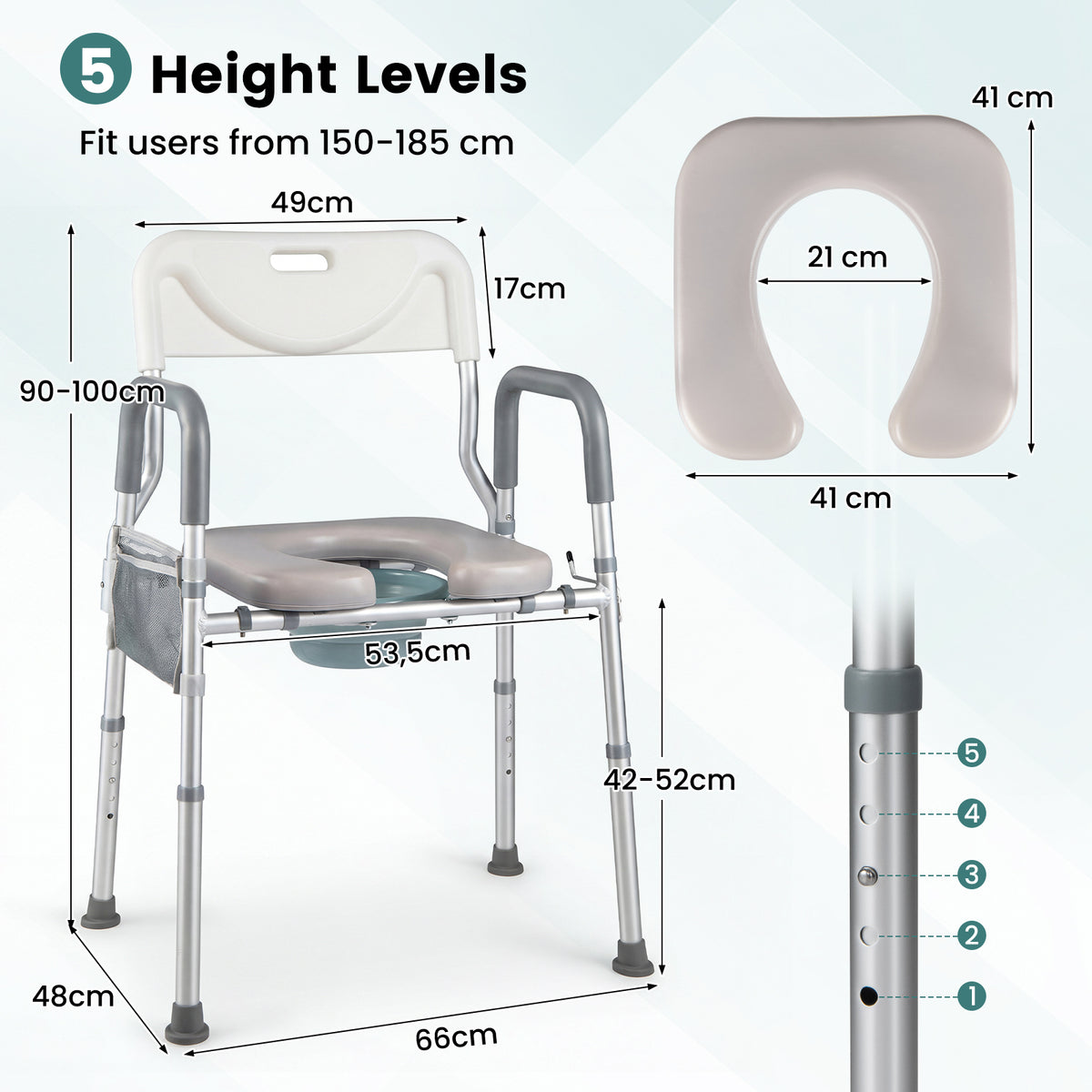 3-in-1 Bedside Commode Chair, 5-Level Adjustable Height Portable Toilet