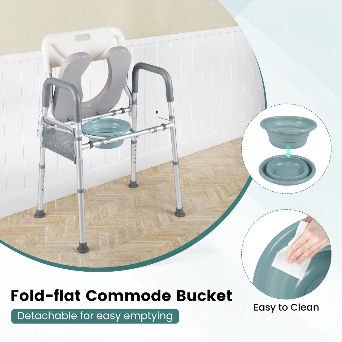 3-in-1 Bedside Commode Chair, 5-Level Adjustable Height Portable Toilet