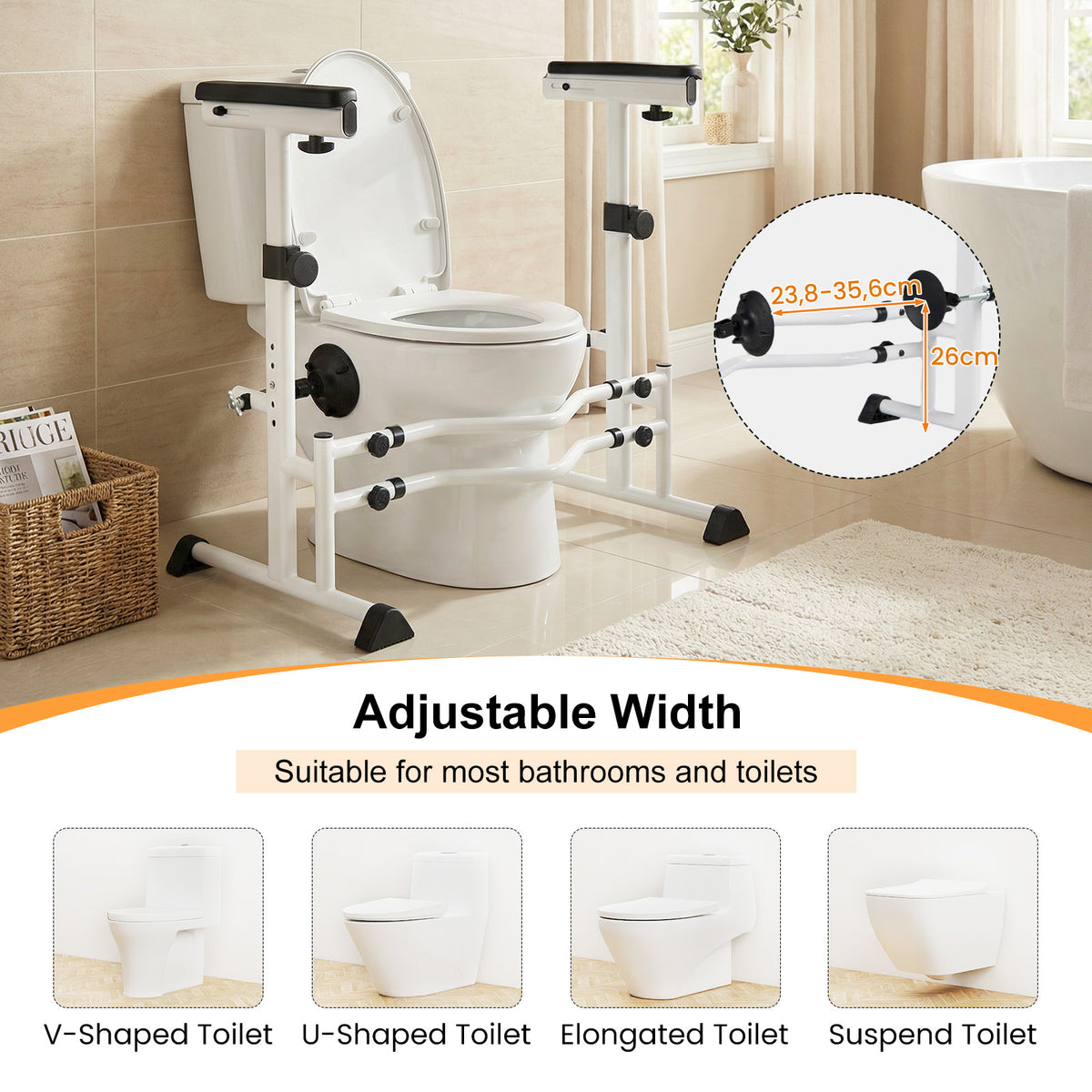 Toilet Safety Rails, Height & Width Adjustable Toilet Safety Frame w/Handrails