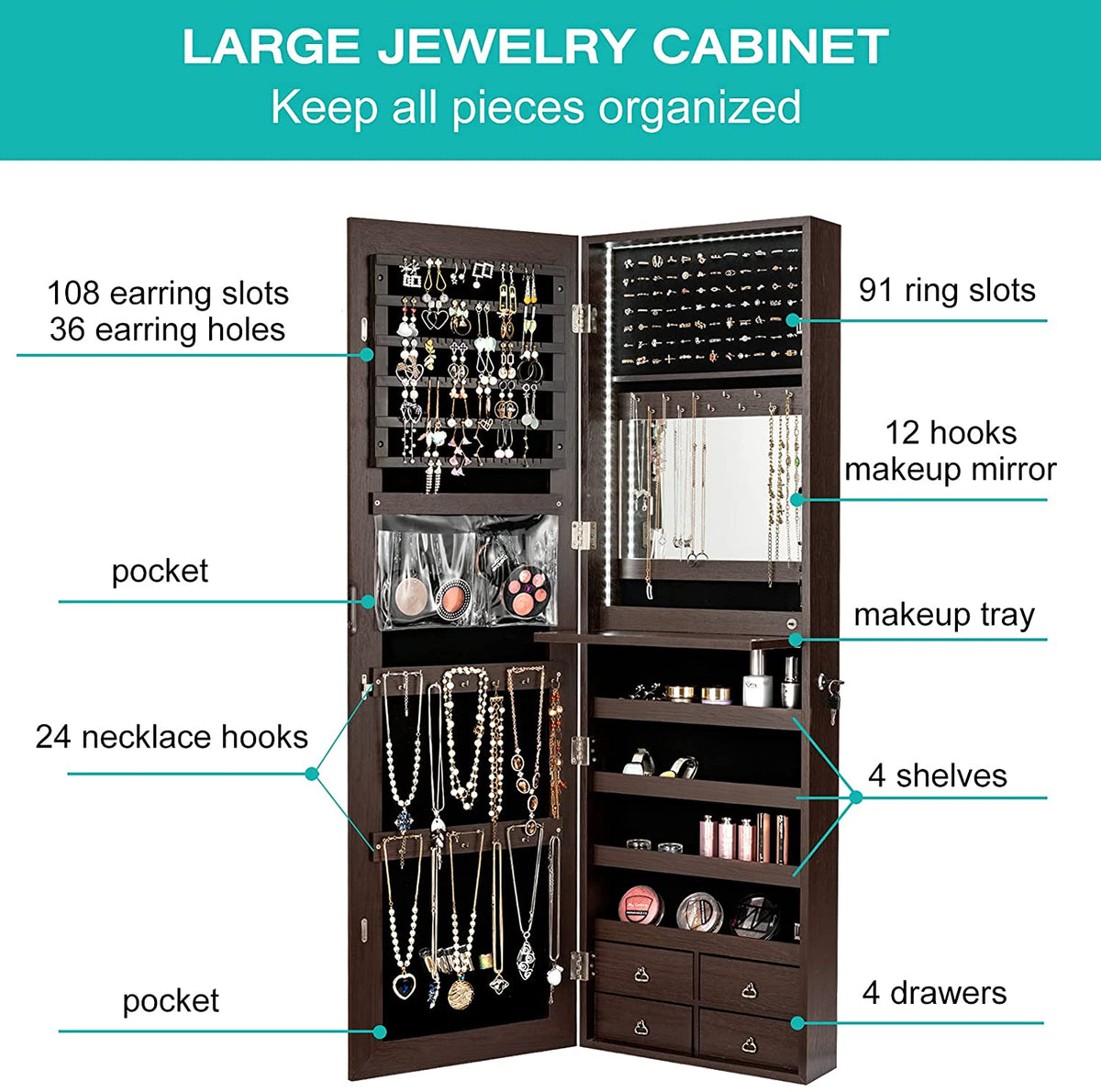 LED Full-length Mirror Jewelry Cabinet, Multipurpose Storage Cabinet