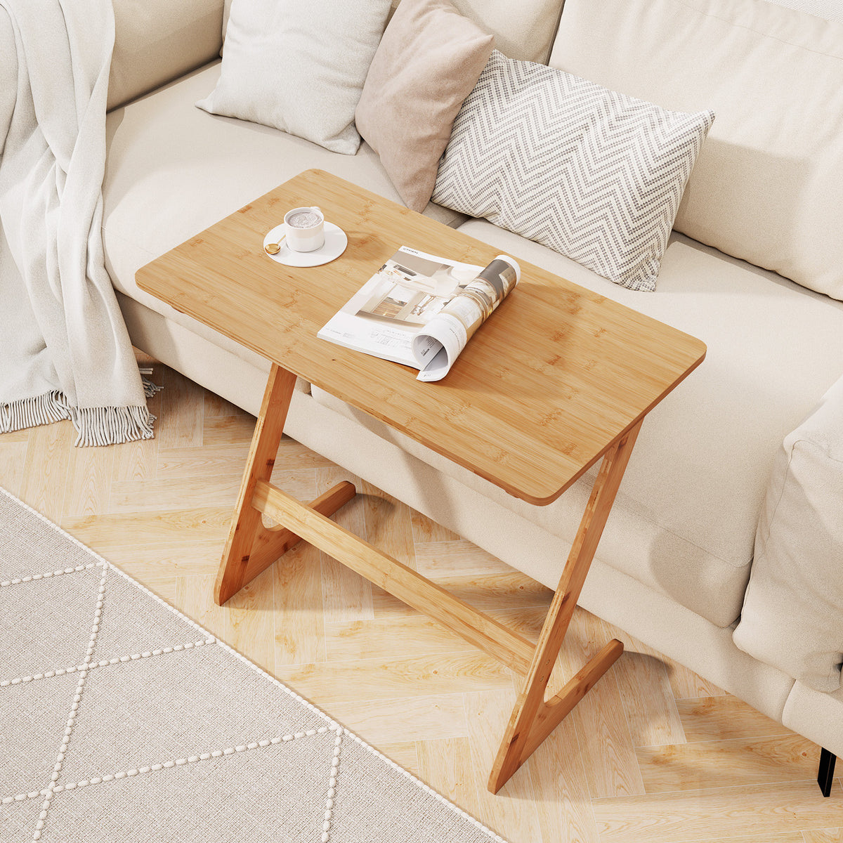 Giantex Bamboo Sofa Side Table, Z-Shaped End Table W/Spacious Tabletop