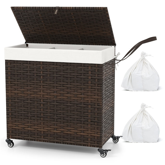 Giantex Laundry Hamper with Lid and Wheels, 125L 3 Sections Clothes Hamper with 2 Removable and Washable Liner Bags, Black