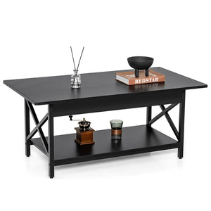 Giantex 2-Tier Industrial Coffee Table, Home Cocktail Table Tea Table with Storage Shelf and X-Shape Steel Frame