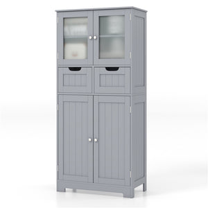 Giantex Floor Storage Cabinet with 4 Doors, Freestanding Bathroom Cabinet with 2 Glass Doors, White