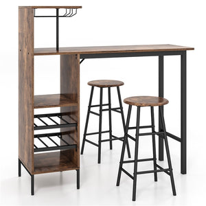 Giantex 3PCS Bar Table and Chair Set, Industrial Pub Table and Stools with Wine Glass Holders & 6-Bottle Wine Racks , Brown