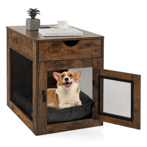 Furniture Style Dog Crate with Wired & Wireless Charging, Decorative Dog Kennel End Table w/Drawer, Removable Dog Bed