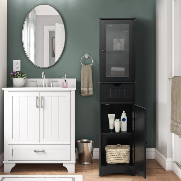 Giantex Freestanding Storage Cabinet, 170 cm Tall Slim Bathroom Cabinet with 2 Adjustable Shelves, 2 Doors and 1 Drawer