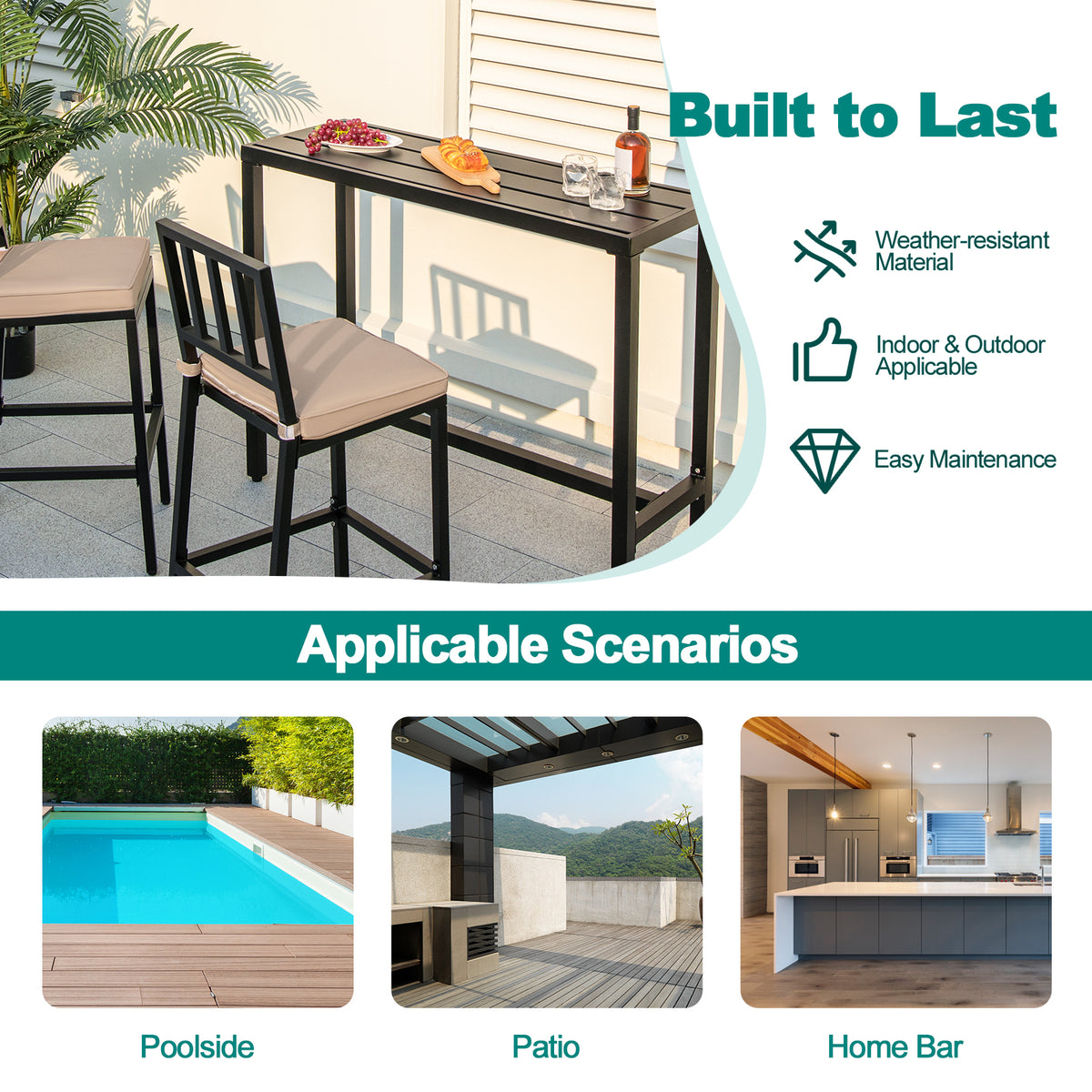 3 PCS Outdoor Bar Table Set, Rectangular Counter Height Hot Tub Table & 2 Bar Stools