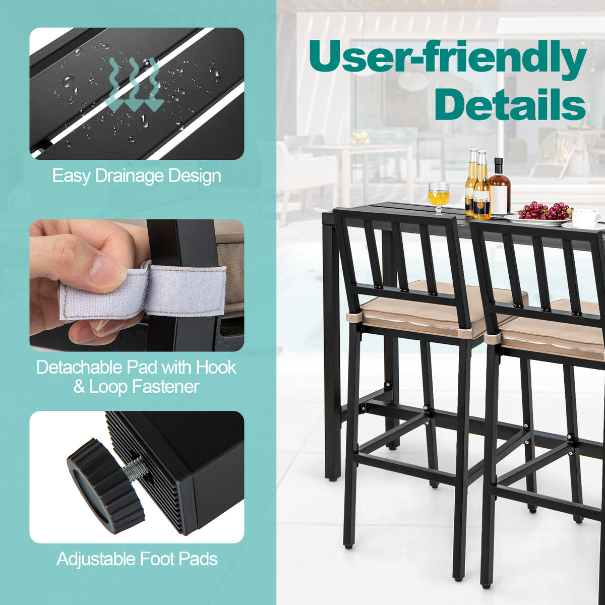 3 PCS Outdoor Bar Table Set, Rectangular Counter Height Hot Tub Table & 2 Bar Stools