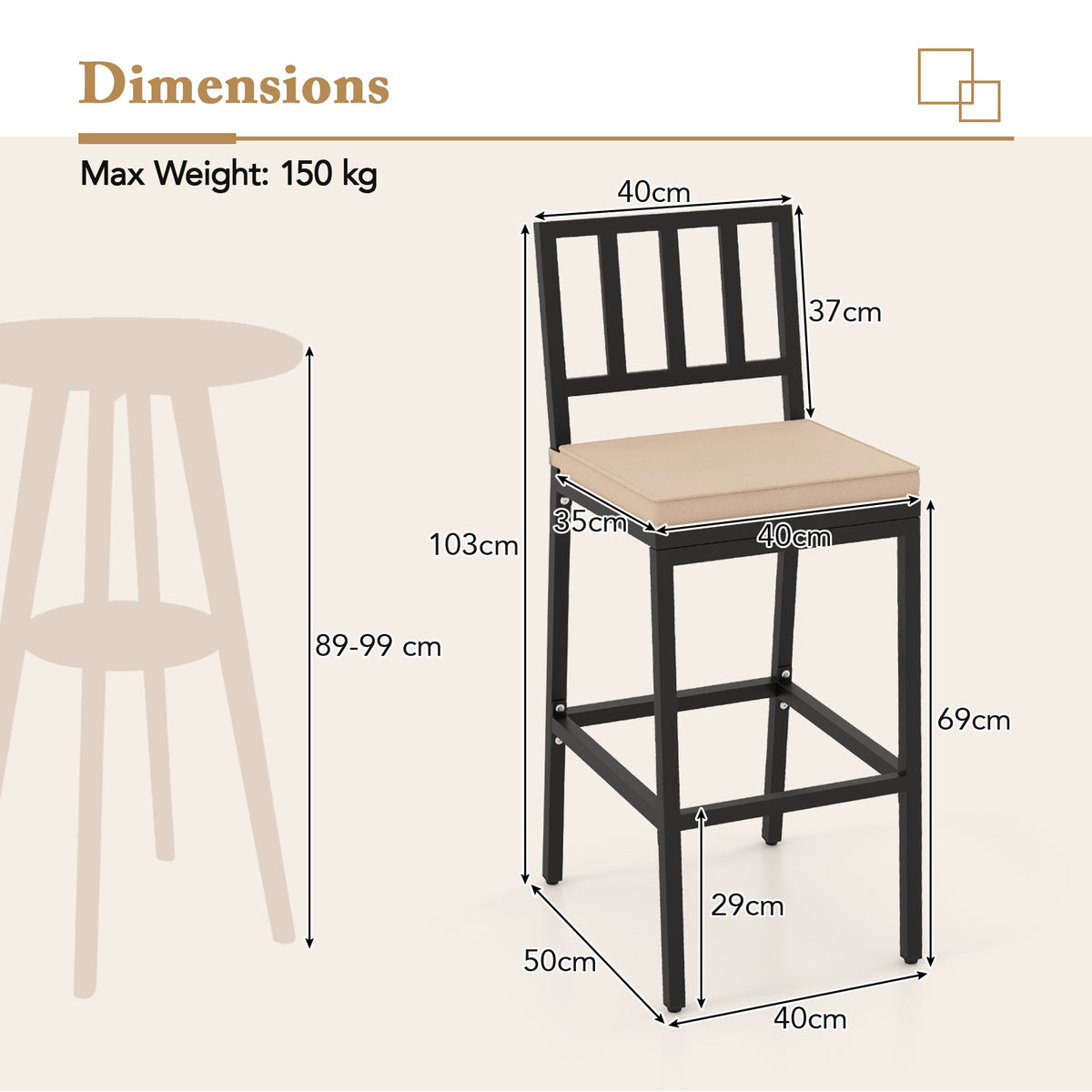 2 PCS Patio Bar Chairs, Heavy-Duty Metal Frame Bar Stools Set of 2