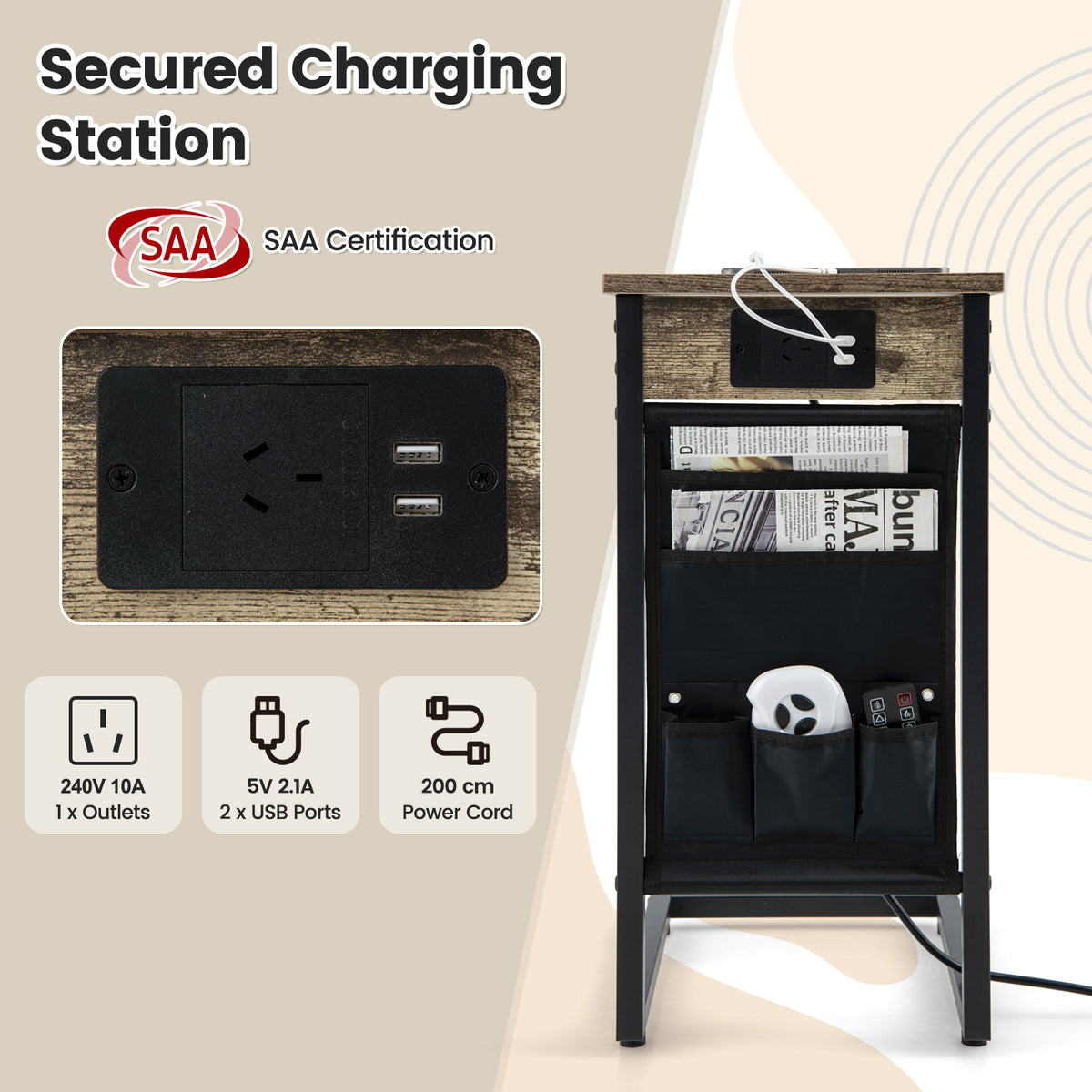 Giantex C Shaped End Table Set of 2, Sofa Side Table with Charging Station & Side Storage Bag