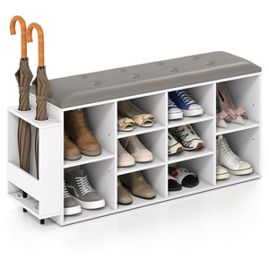Giantex Shoe Storage Bench with Umbrella Stand, 10-Cube Entryway Bench with Adjustable Shelf & Padded Cushion