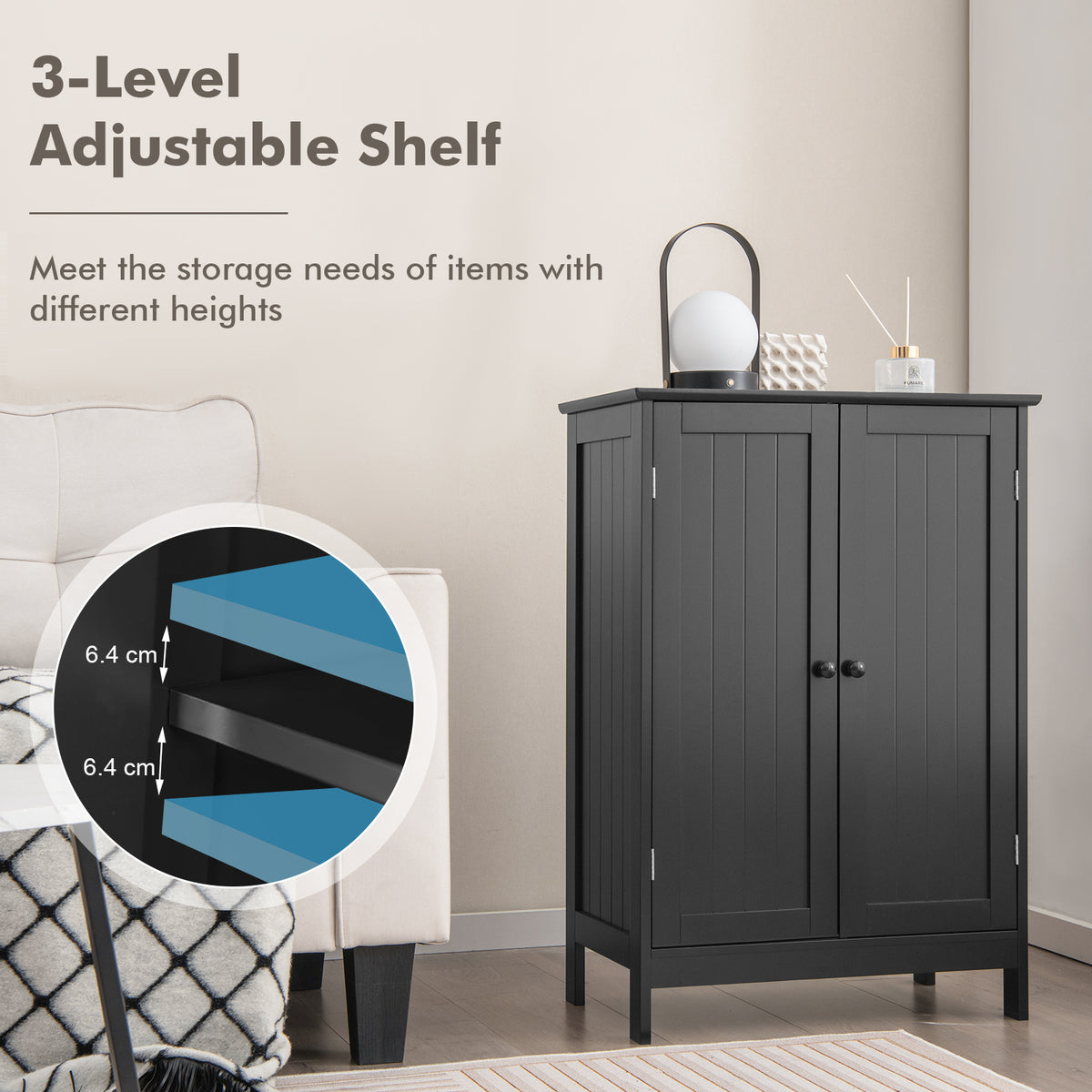 Bathroom Storage Cabinet 3-Tier Floor Cabinet w/ Double Doors Adjustable Shelf