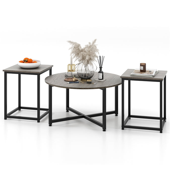 ound Coffee Table and 2PCS Square End Tables with Heavy-Duty Metal Frame