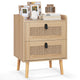 Modern End Table Bedside Table with 2 Rattan Decorated Drawers for Small Spaces