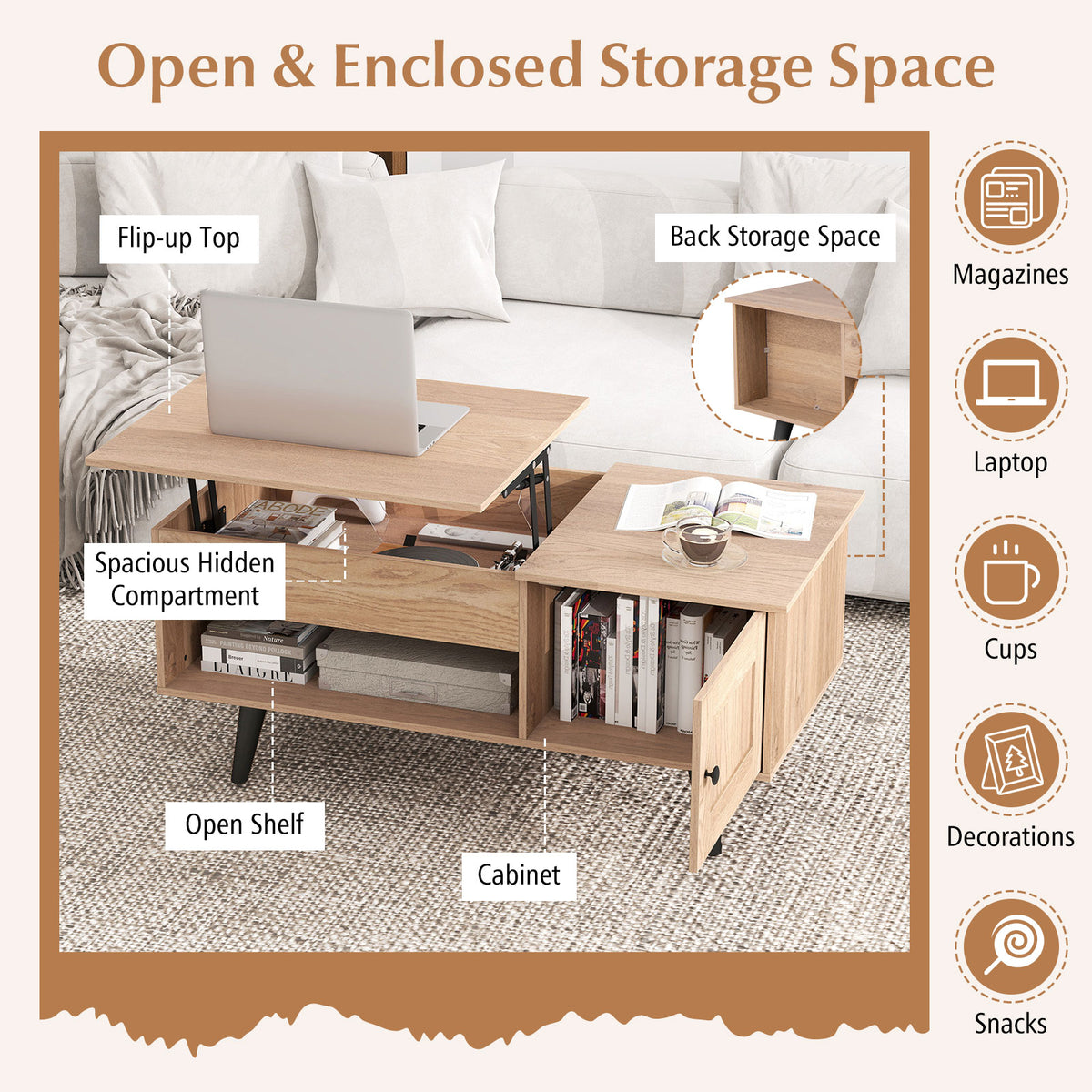 Lift up Coffee Table w/ Storage Flip Top Coffee Table Hidden Compartment Cabinet