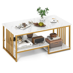 Giantex Faux Marble Coffee Table, Rectangular 2-Tier Center Table with Open Storage Shelf