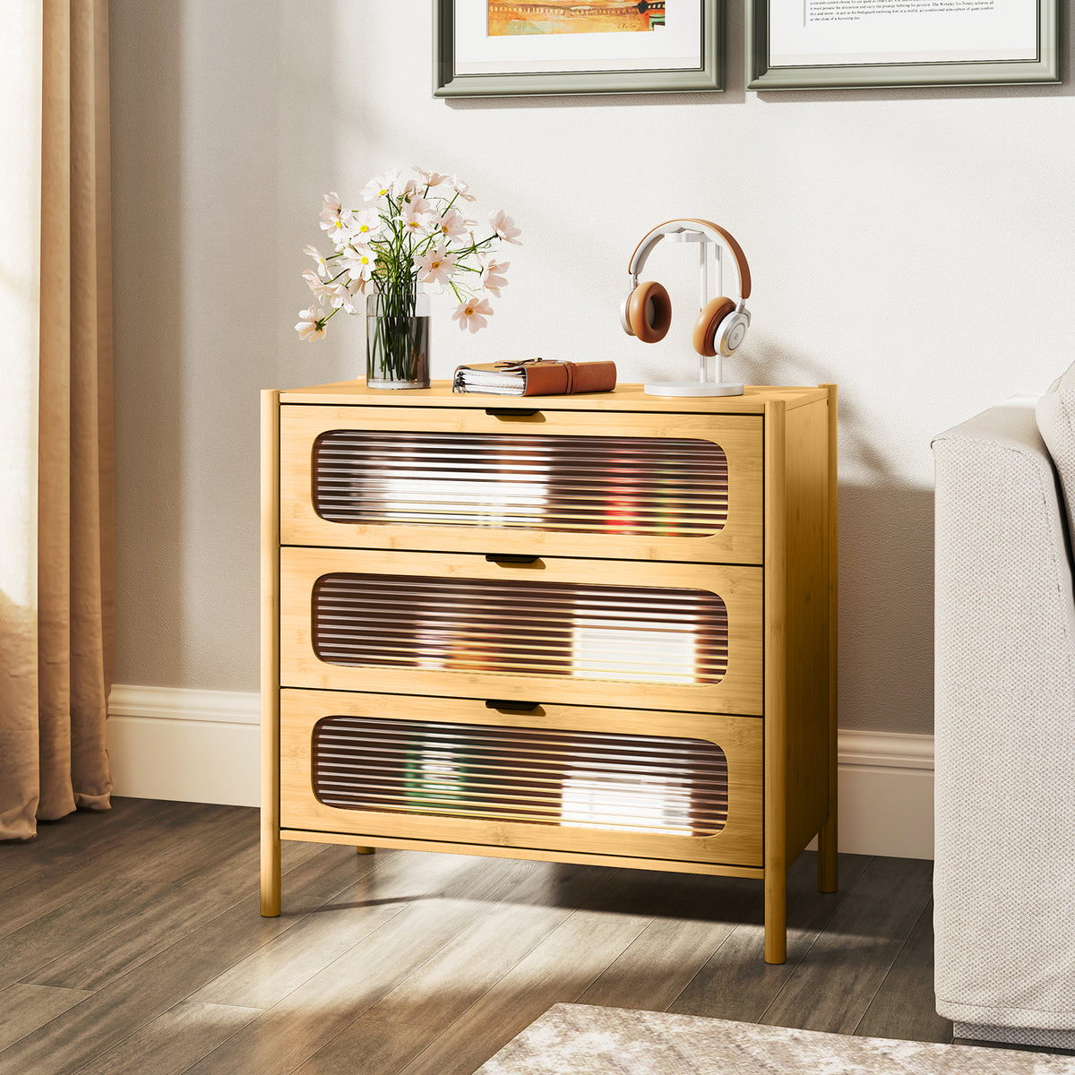 3/4-Drawer Dresser Bamboo Storage Cabinet Mid Century Modern Chest of Drawers