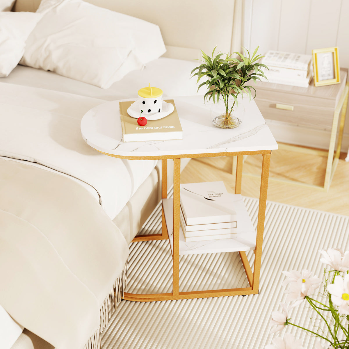 Giantex C-shaped Side Table, 2-Tier End Table w/ Faux Marble Tabletop & Golden Steel Frame, 60cm x 40cm x 60cm, White