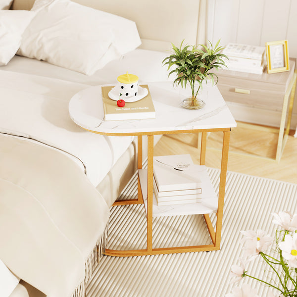 Giantex C-shaped Side Table, 2-Tier End Table w/ Faux Marble Tabletop & Golden Steel Frame, 60cm x 40cm x 60cm, White