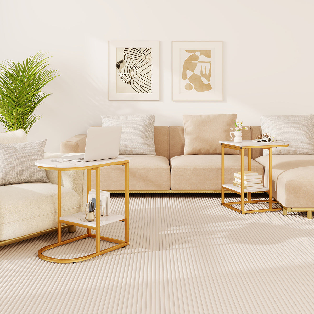 Giantex C-shaped Side Table, 2-Tier End Table w/ Faux Marble Tabletop & Golden Steel Frame, 60cm x 40cm x 60cm, White
