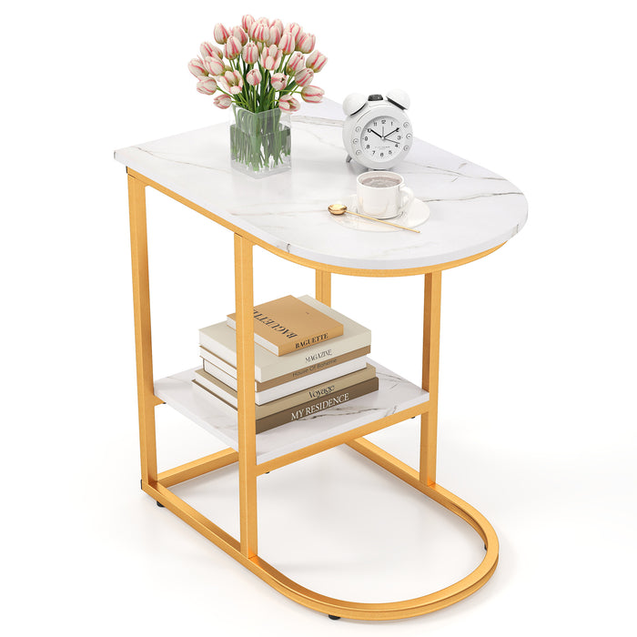 Giantex C-shaped Side Table, 2-Tier End Table w/ Faux Marble Tabletop & Golden Steel Frame, 60cm x 40cm x 60cm, White
