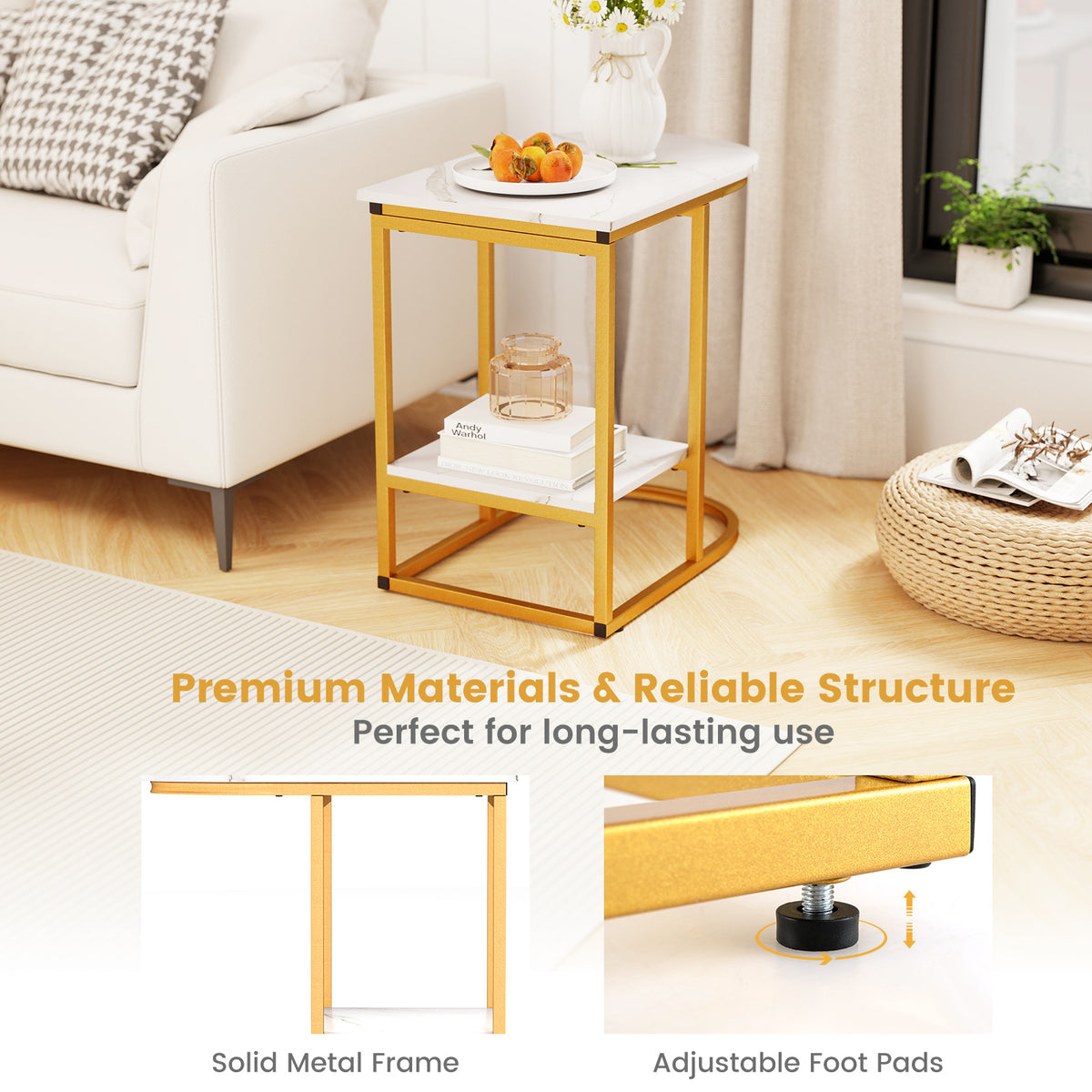 Giantex C-shaped Side Table, 2-Tier End Table w/ Faux Marble Tabletop & Golden Steel Frame, 60cm x 40cm x 60cm, White