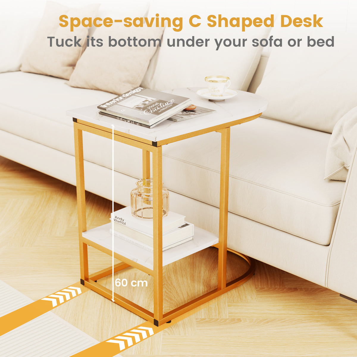 Giantex C-shaped Side Table, 2-Tier End Table w/ Faux Marble Tabletop & Golden Steel Frame, 60cm x 40cm x 60cm, White
