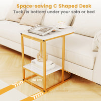 Giantex C-shaped Side Table, 2-Tier End Table w/ Faux Marble Tabletop & Golden Steel Frame, 60cm x 40cm x 60cm, White