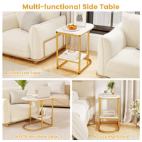 Giantex C-shaped Side Table, 2-Tier End Table w/ Faux Marble Tabletop & Golden Steel Frame, 60cm x 40cm x 60cm, White