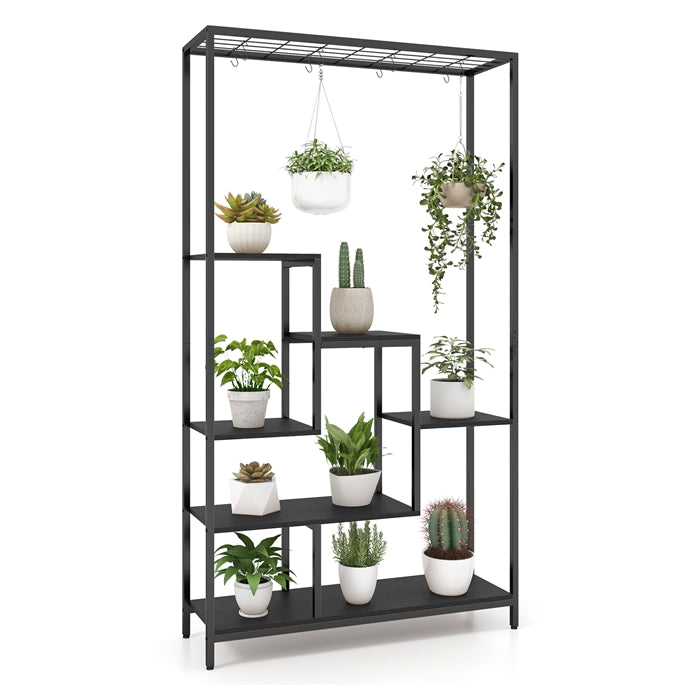 6-tier Tall Plant Stand, 180 CM Metal Indoor Plant Shelf w/ 10 Hanging Hooks & Wire Shelf for Multiple Plants