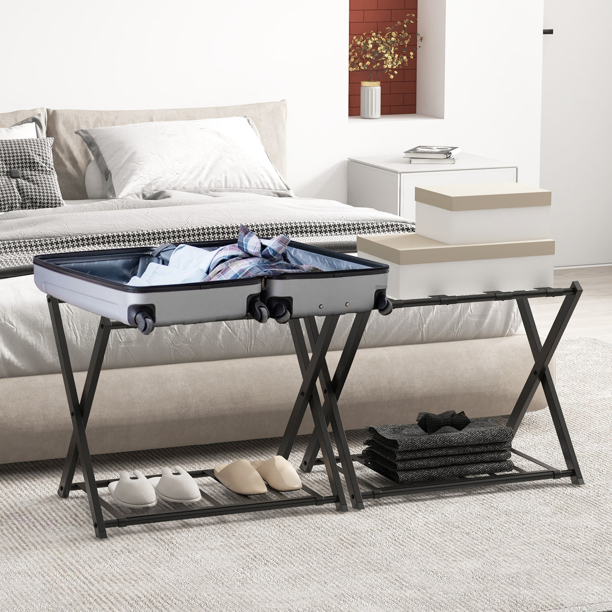 Home Luggage Rack Stand, Double Tiers Luggage Holder with Shoe Shelf, Home Organization