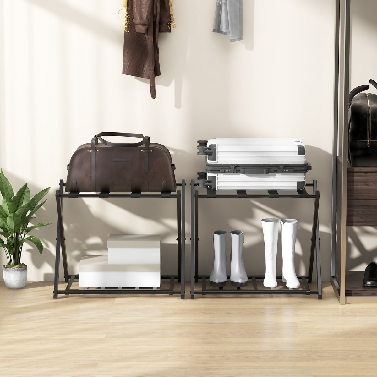 Home Luggage Rack Stand, Double Tiers Luggage Holder with Shoe Shelf, Home Organization
