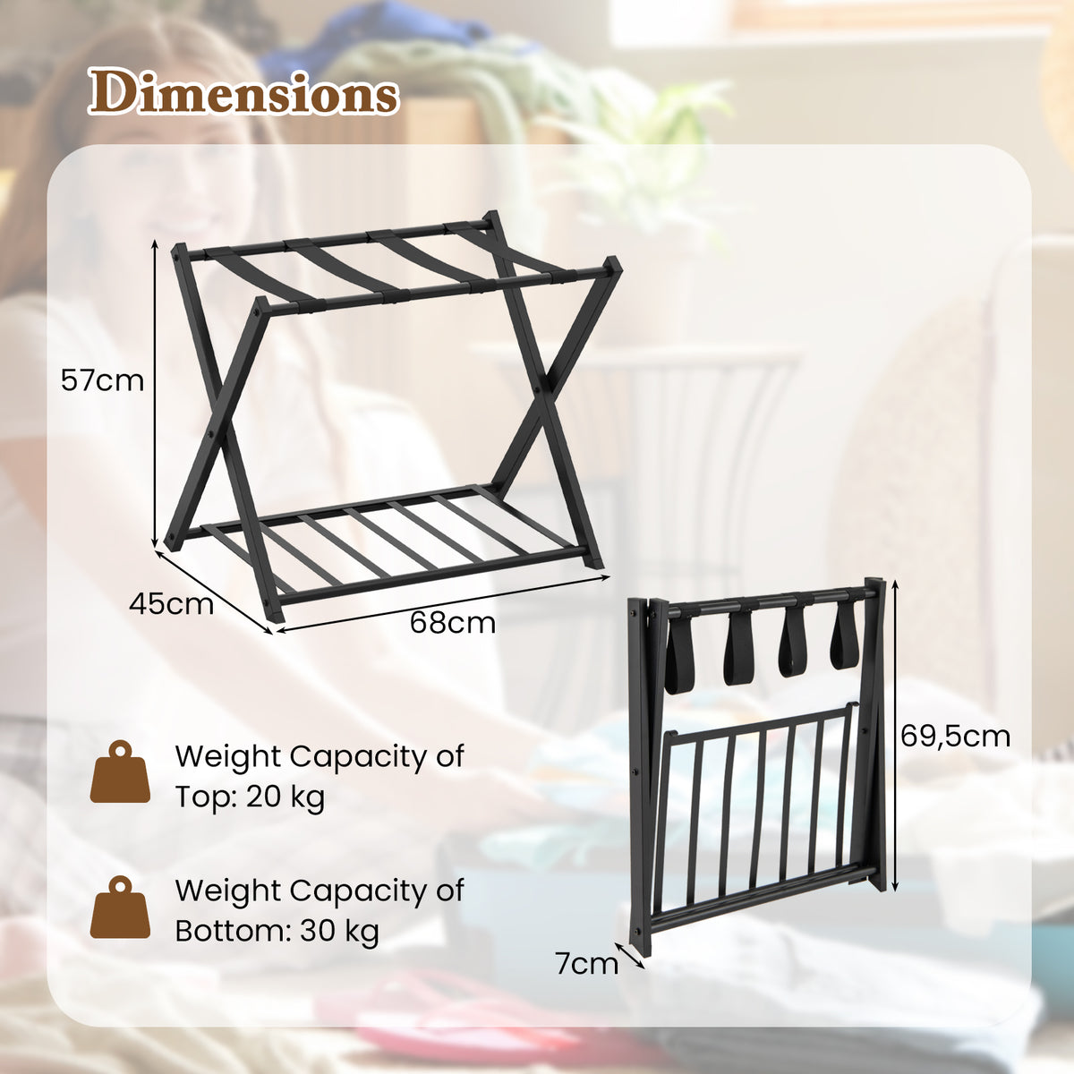 Home Luggage Rack Stand, Double Tiers Luggage Holder with Shoe Shelf, Home Organization