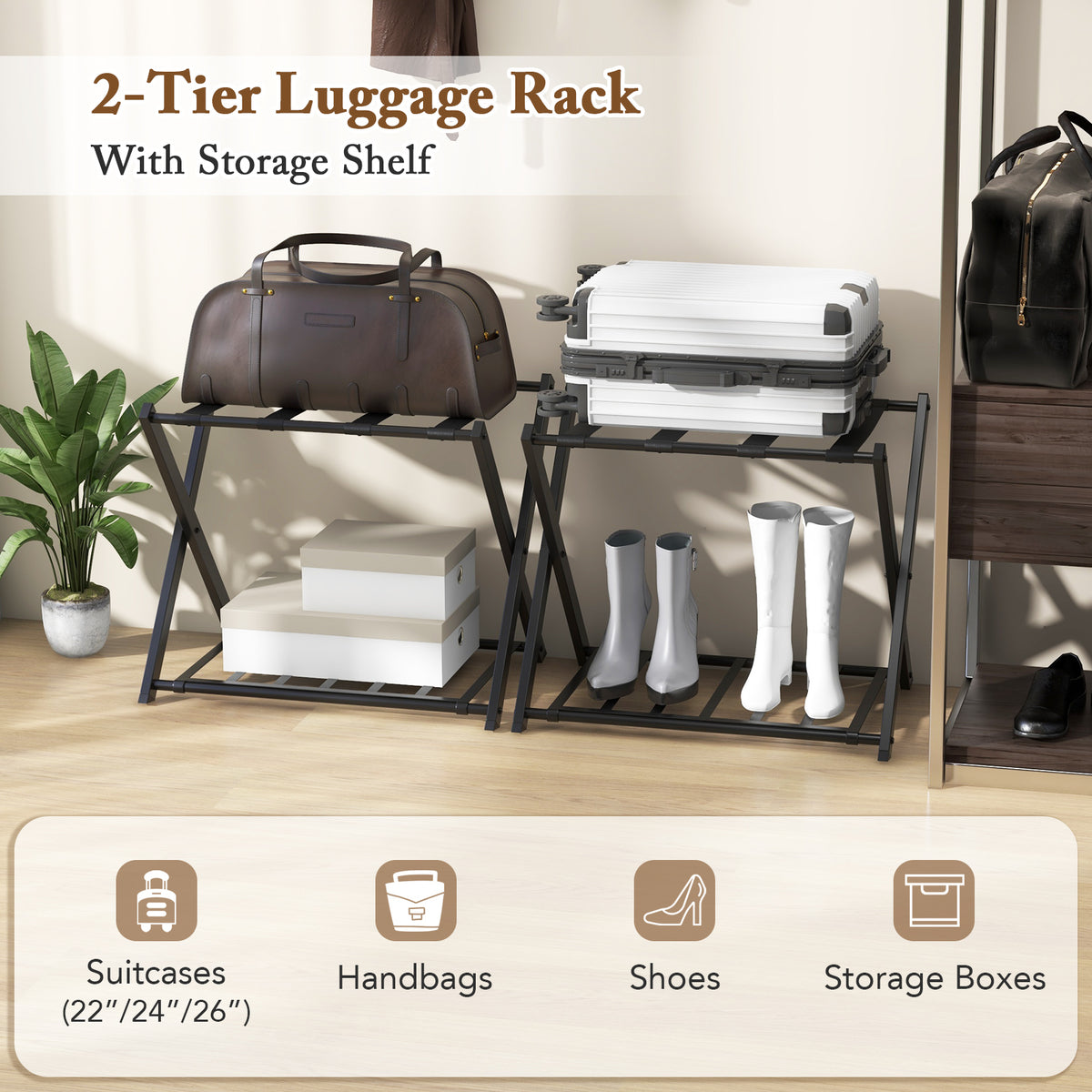 Home Luggage Rack Stand, Double Tiers Luggage Holder with Shoe Shelf, Home Organization