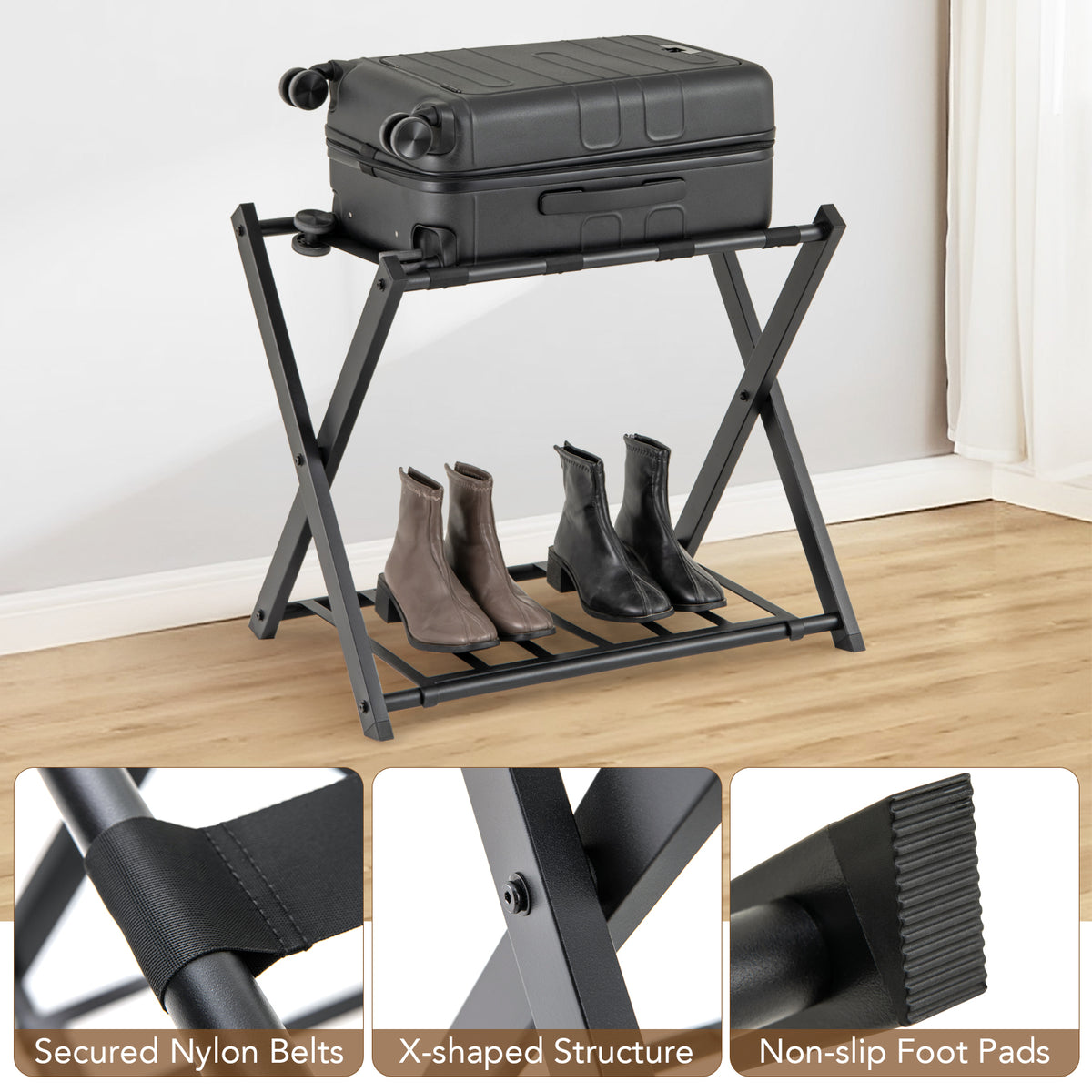 Home Luggage Rack Stand, Double Tiers Luggage Holder with Shoe Shelf, Home Organization