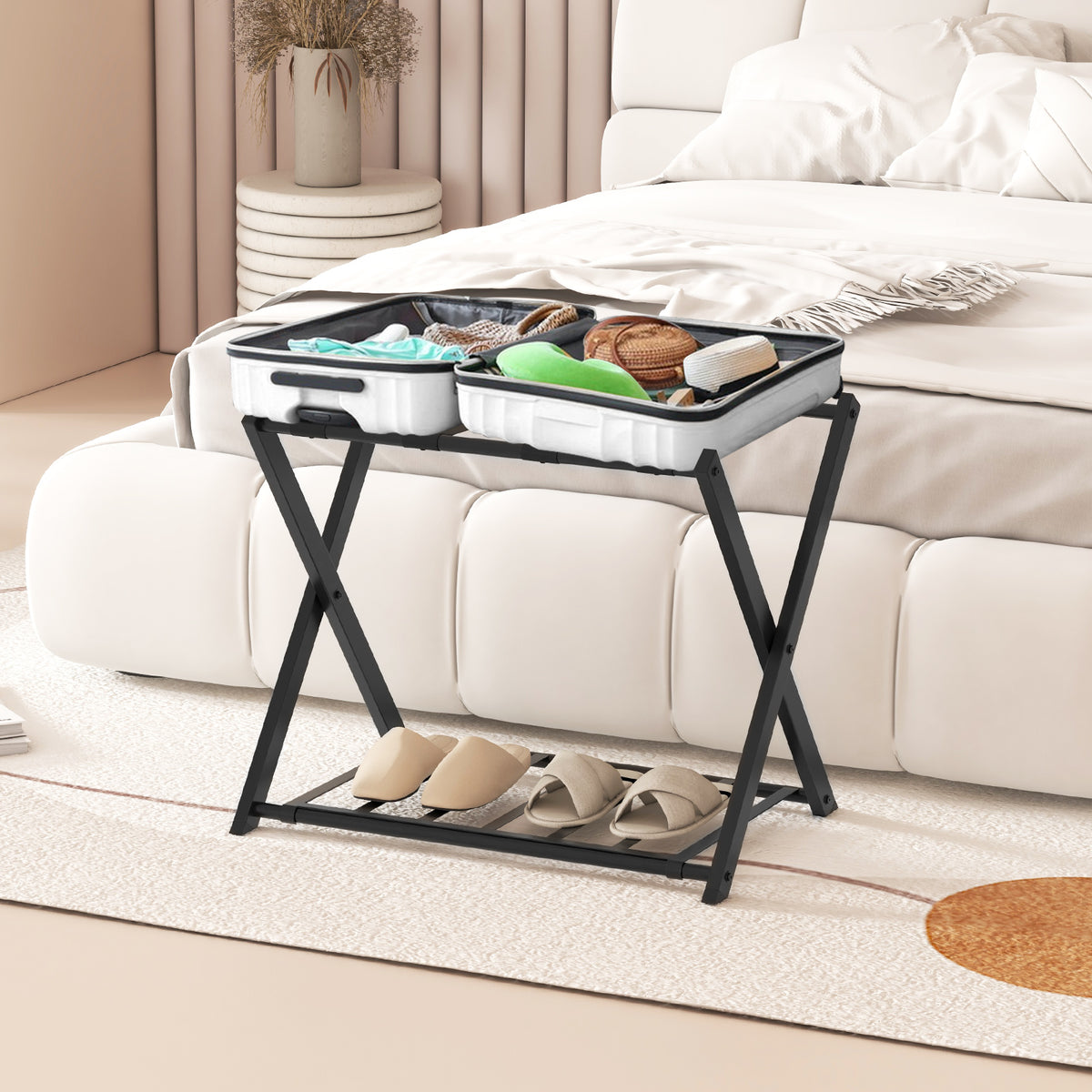 Home Luggage Rack Stand, Double Tiers Luggage Holder with Shoe Shelf, Home Organization